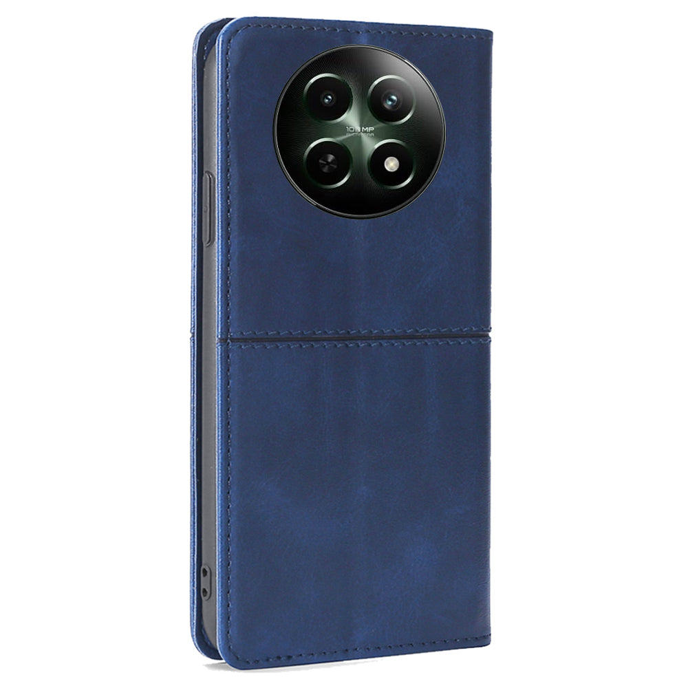 For Realme 12 Case 2 Card Slots Magnetic Closure Folio Leather Cell Phone Cover - Blue