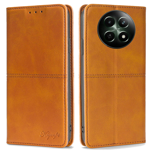 For Realme 12 Case 2 Card Slots Magnetic Closure Folio Leather Cell Phone Cover - Light Brown