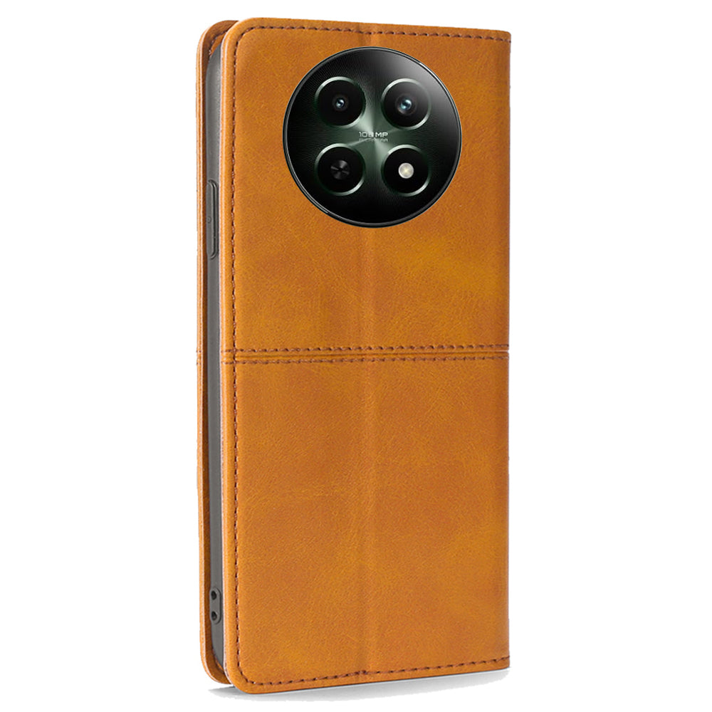 For Realme 12 Case 2 Card Slots Magnetic Closure Folio Leather Cell Phone Cover - Light Brown