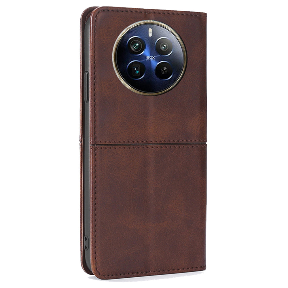 For Realme 12 Pro 5G / 12 Pro+ 5G Case PU Leather Phone Cover with Viewing Stand / 2 Card Holder - Dark Brown
