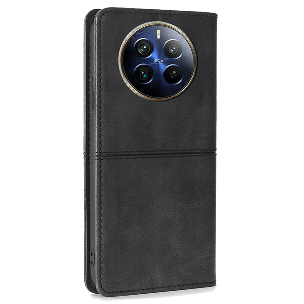 For Realme 12 Pro 5G / 12 Pro+ 5G Case PU Leather Phone Cover with Viewing Stand / 2 Card Holder - Black