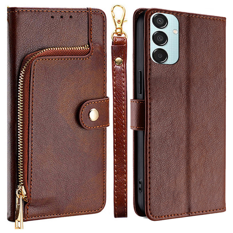 For Samsung Galaxy M15 5G Case Zipper Pocket Shock-absorbent Leather Wallet Phone Cover - Brown