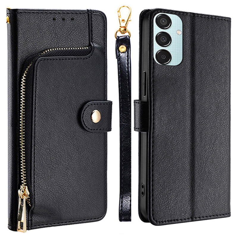 For Samsung Galaxy M15 5G Case Zipper Pocket Shock-absorbent Leather Wallet Phone Cover - Black