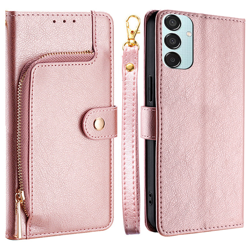 For Samsung Galaxy M15 5G Case Zipper Pocket Shock-absorbent Leather Wallet Phone Cover - Rose Gold
