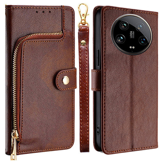 For Xiaomi 14 Ultra Phone Shell Zipper Wallet Leather Stand Case with Hand Strap - Brown