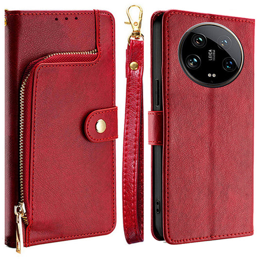 For Xiaomi 14 Ultra Phone Shell Zipper Wallet Leather Stand Case with Hand Strap - Red