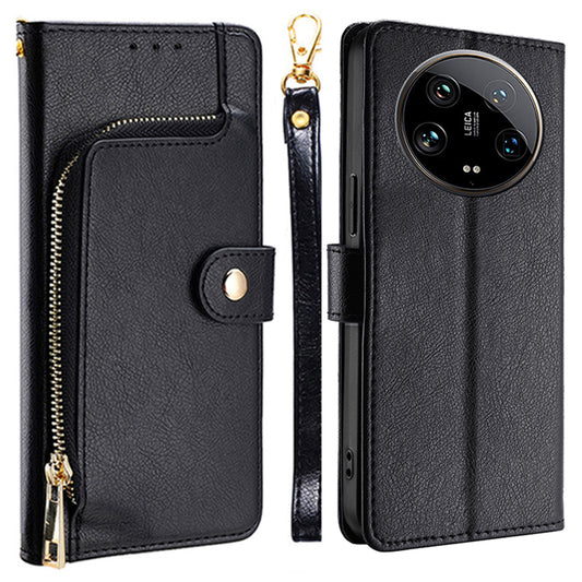 For Xiaomi 14 Ultra Phone Shell Zipper Wallet Leather Stand Case with Hand Strap - Black