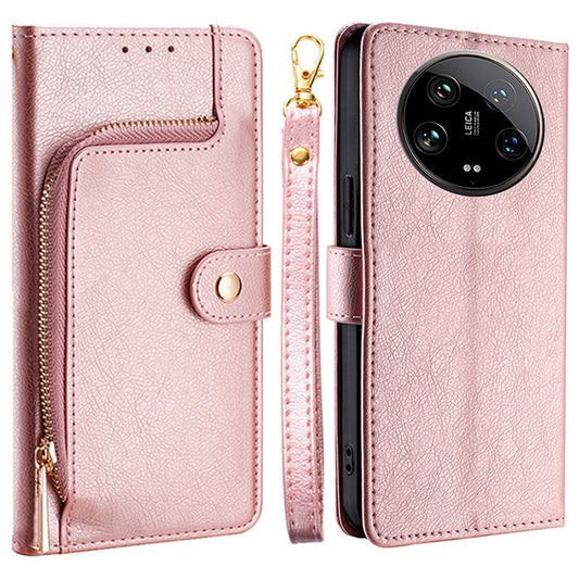 For Xiaomi 14 Ultra Phone Shell Zipper Wallet Leather Stand Case with Hand Strap - Rose Gold