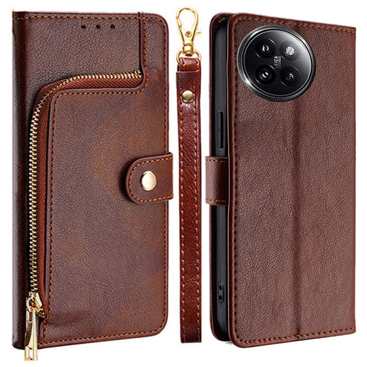 For Xiaomi Civi 4 Pro 5G Case PU Leather Zipper Wallet Anti-scratch Phone Stand Cover - Brown