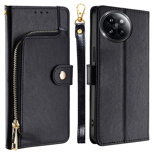 For Xiaomi Civi 4 Pro 5G Case PU Leather Zipper Wallet Anti-scratch Phone Stand Cover - Black