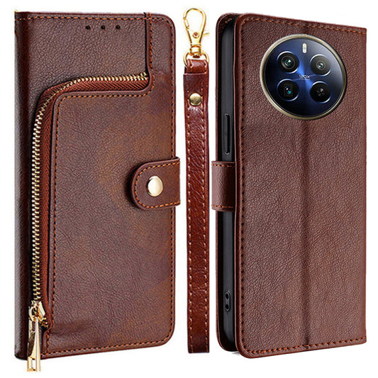 For Realme 12 Pro 5G / 12 Pro+ 5G Zipper Wallet Case Anti-drop Leather Stand Phone Cover - Brown