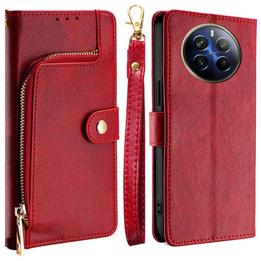 For Realme 12 Pro 5G / 12 Pro+ 5G Zipper Wallet Case Anti-drop Leather Stand Phone Cover - Red