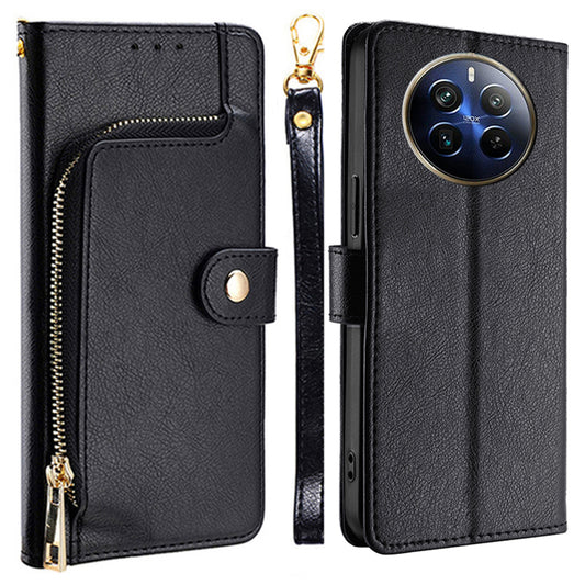 For Realme 12 Pro 5G / 12 Pro+ 5G Zipper Wallet Case Anti-drop Leather Stand Phone Cover - Black