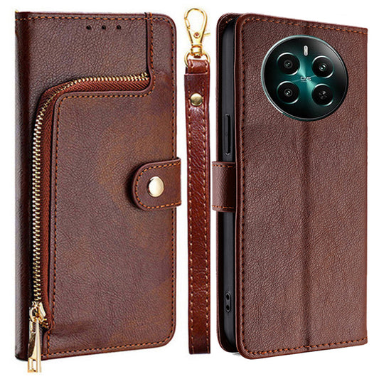 For Realme 12+ 5G Zipper Wallet Case Full Protection Flip Leather Phone Cover - Brown