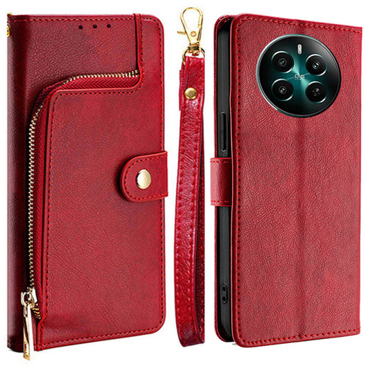 For Realme 12+ 5G Zipper Wallet Case Full Protection Flip Leather Phone Cover - Red