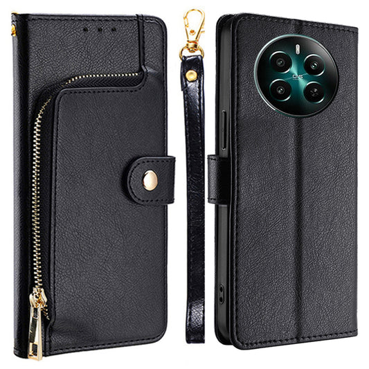For Realme 12+ 5G Zipper Wallet Case Full Protection Flip Leather Phone Cover - Black
