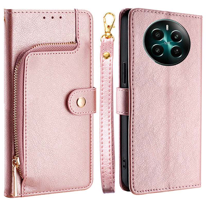 For Realme 12+ 5G Zipper Wallet Case Full Protection Flip Leather Phone Cover - Rose Gold