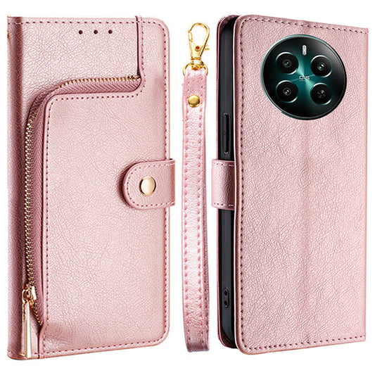For Realme 12+ 5G Zipper Wallet Case Full Protection Flip Leather Phone Cover - Rose Gold