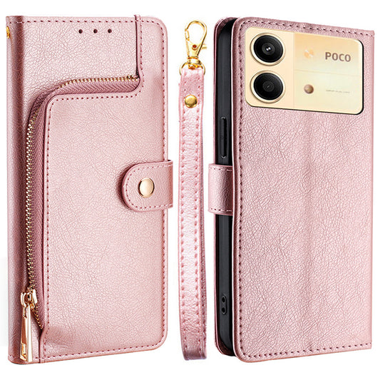 For Xiaomi Redmi Note 13R Pro 5G Stand Case Full Protection Zipper Wallet Leather Phone Cover - Rose Gold