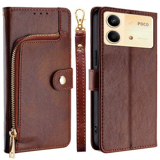 For Xiaomi Redmi Note 13R Pro 5G Stand Case Full Protection Zipper Wallet Leather Phone Cover - Brown