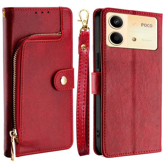 For Xiaomi Redmi Note 13R Pro 5G Stand Case Full Protection Zipper Wallet Leather Phone Cover - Red