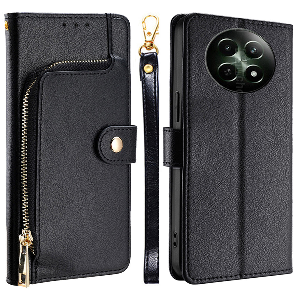 For Realme 12 Case Leather Zipper Wallet Phone Cover with Magnetic Closure - Black