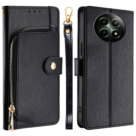 For Realme 12 Case Leather Zipper Wallet Phone Cover with Magnetic Closure - Black