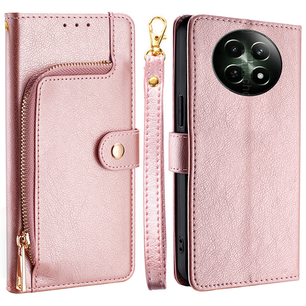 For Realme 12 Case Leather Zipper Wallet Phone Cover with Magnetic Closure - Rose Gold