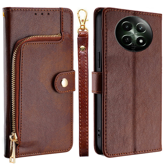 For Realme 12 Case Leather Zipper Wallet Phone Cover with Magnetic Closure - Brown