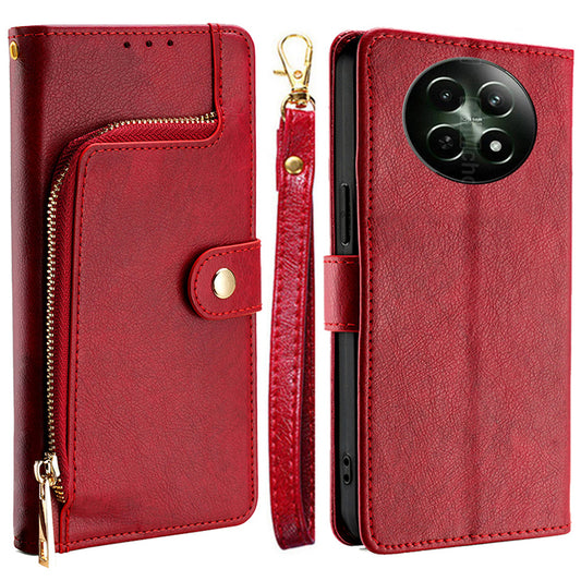 For Realme 12 Case Leather Zipper Wallet Phone Cover with Magnetic Closure - Red