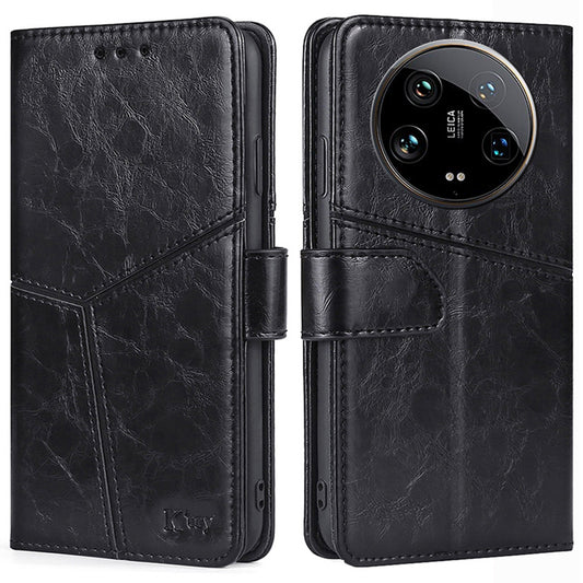 For Xiaomi 14 Ultra Case PU Leather Geometric Splicing Cell Phone Cover - Black