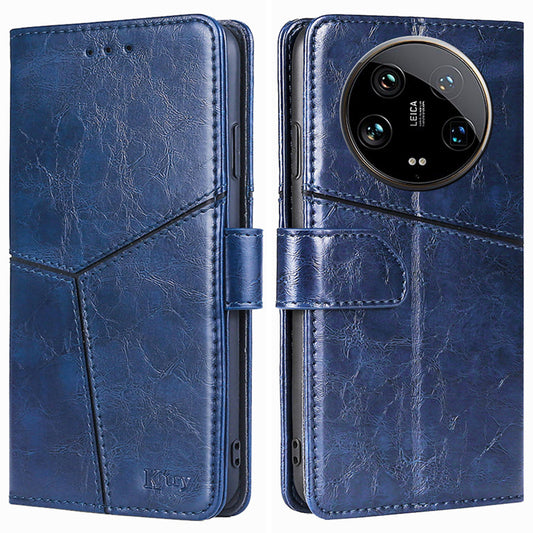 For Xiaomi 14 Ultra Case PU Leather Geometric Splicing Cell Phone Cover - Blue