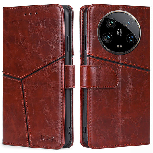 For Xiaomi 14 Ultra Case PU Leather Geometric Splicing Cell Phone Cover - Dark Brown