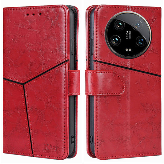 For Xiaomi 14 Ultra Case PU Leather Geometric Splicing Cell Phone Cover - Red
