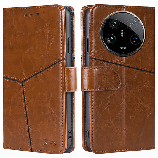For Xiaomi 14 Ultra Case PU Leather Geometric Splicing Cell Phone Cover - Light Brown