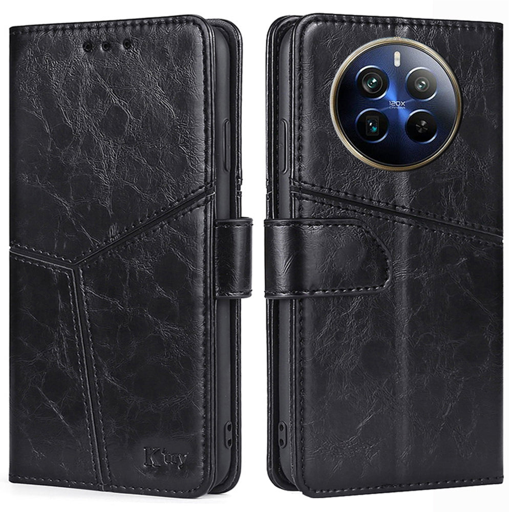 For Realme 12 Pro 5G / 12 Pro+ 5G Case Geometric Splicing Stand Cell Phone Cover with Wallet Design - Black