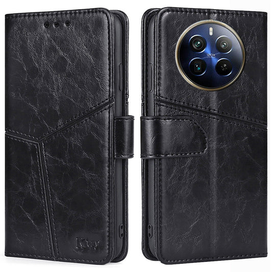 For Realme 12 Pro 5G / 12 Pro+ 5G Case Geometric Splicing Stand Cell Phone Cover with Wallet Design - Black