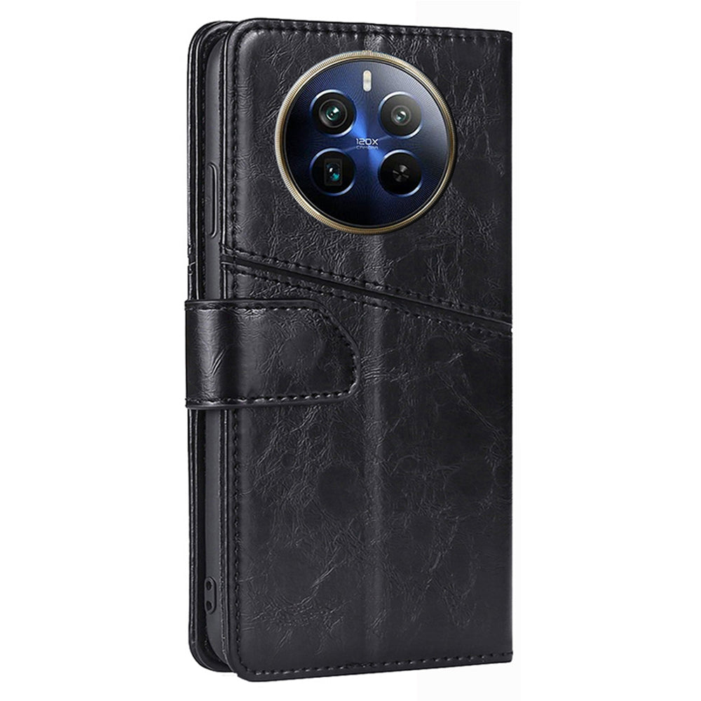 For Realme 12 Pro 5G / 12 Pro+ 5G Case Geometric Splicing Stand Cell Phone Cover with Wallet Design - Black
