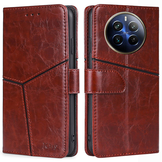 For Realme 12 Pro 5G / 12 Pro+ 5G Case Geometric Splicing Stand Cell Phone Cover with Wallet Design - Dark Brown