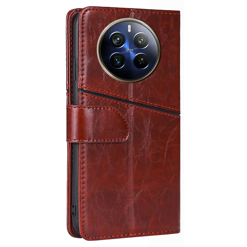 For Realme 12 Pro 5G / 12 Pro+ 5G Case Geometric Splicing Stand Cell Phone Cover with Wallet Design - Dark Brown