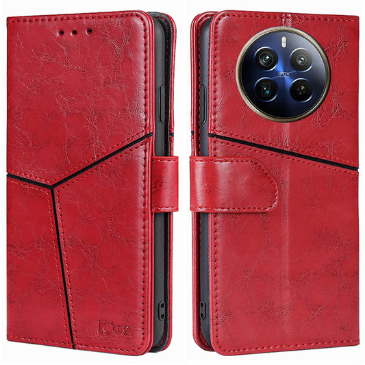 For Realme 12 Pro 5G / 12 Pro+ 5G Case Geometric Splicing Stand Cell Phone Cover with Wallet Design - Red