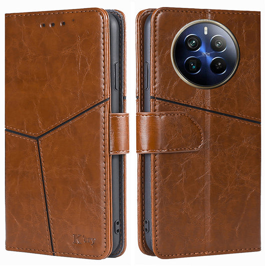 For Realme 12 Pro 5G / 12 Pro+ 5G Case Geometric Splicing Stand Cell Phone Cover with Wallet Design - Light Brown