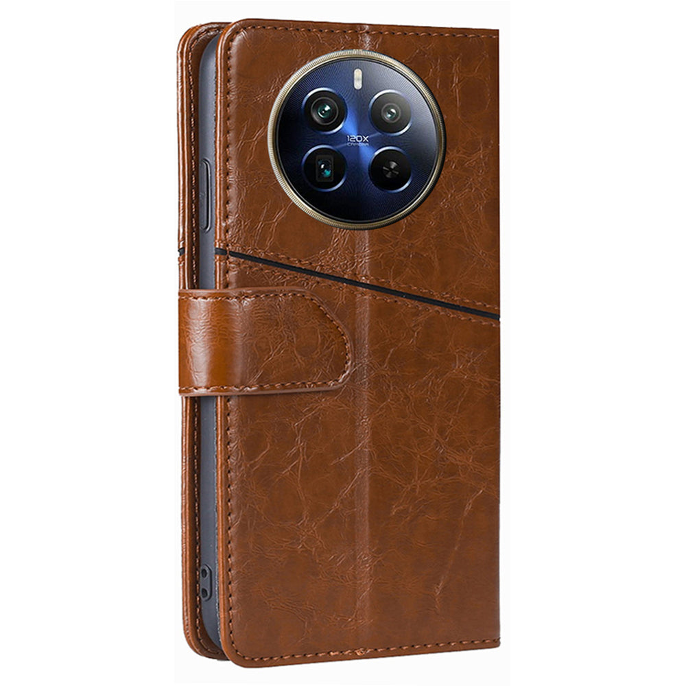 For Realme 12 Pro 5G / 12 Pro+ 5G Case Geometric Splicing Stand Cell Phone Cover with Wallet Design - Light Brown