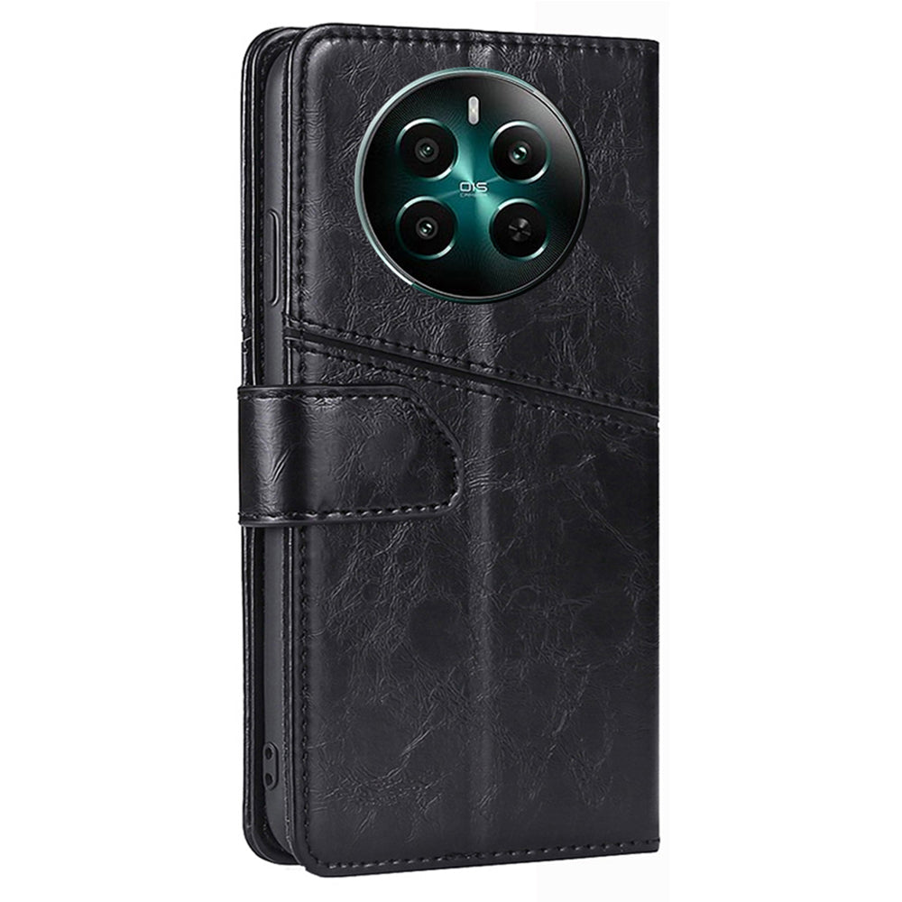 For Realme 12+ 5G Case Magnetic Closing Geometric Splicing Phone Stand Cover - Black