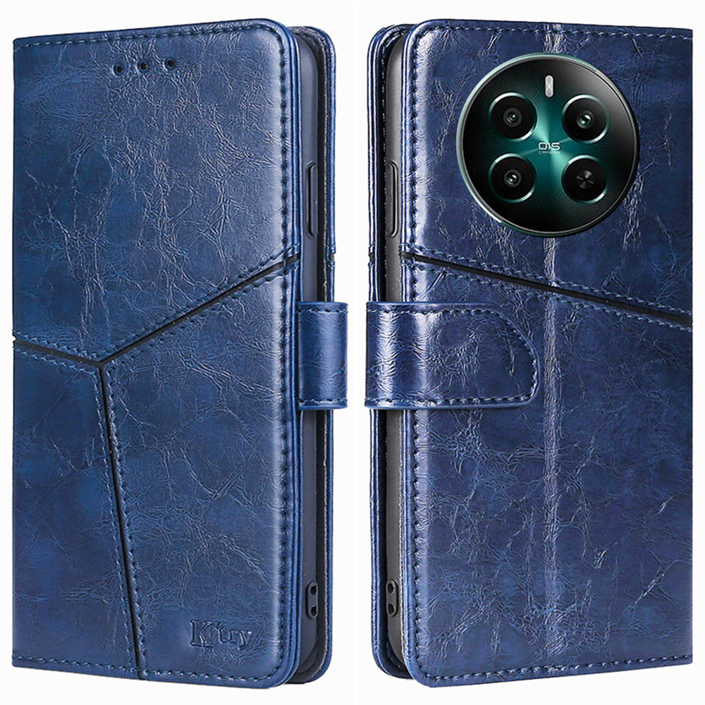 For Realme 12+ 5G Case Magnetic Closing Geometric Splicing Phone Stand Cover - Blue