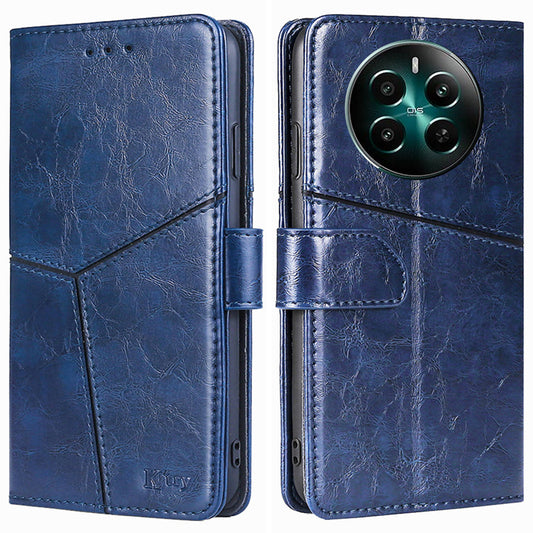 For Realme 12+ 5G Case Magnetic Closing Geometric Splicing Phone Stand Cover - Blue