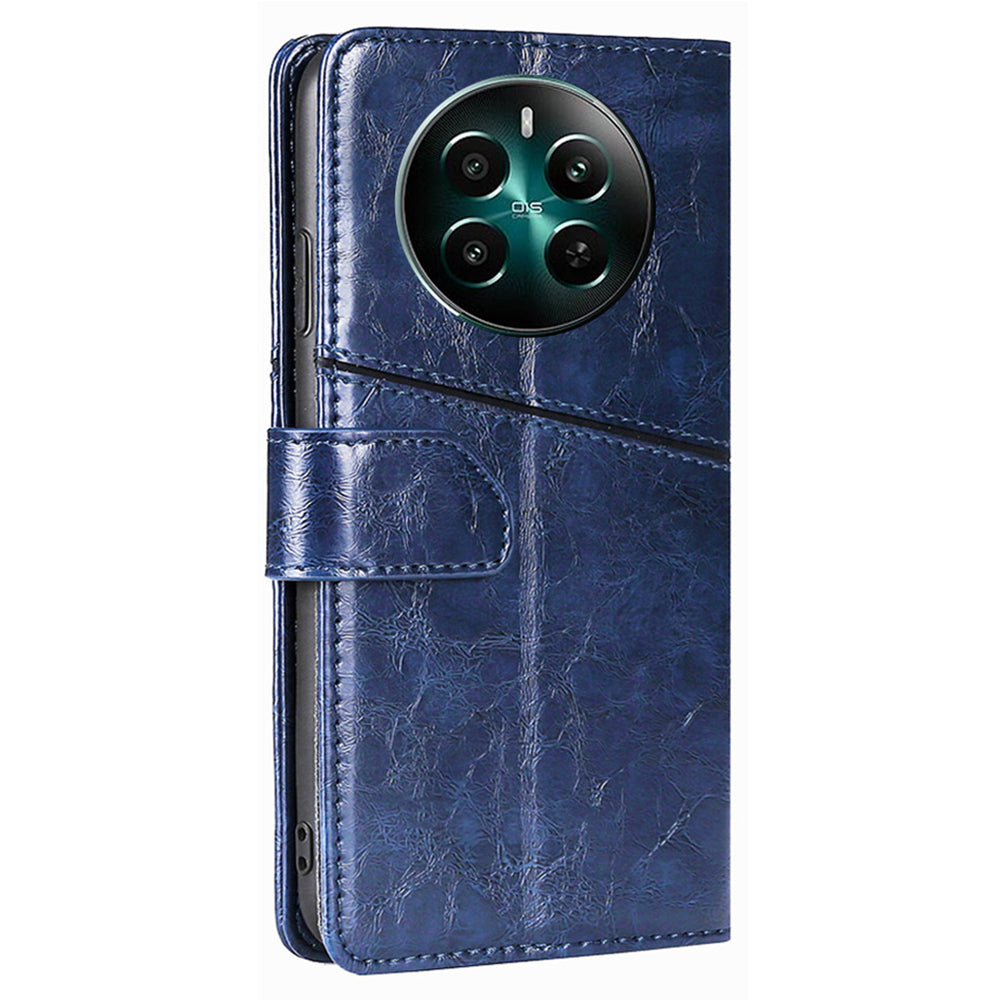 For Realme 12+ 5G Case Magnetic Closing Geometric Splicing Phone Stand Cover - Blue