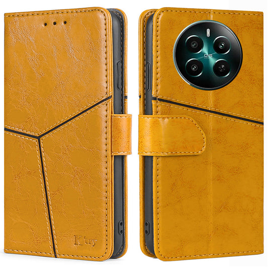For Realme 12+ 5G Case Magnetic Closing Geometric Splicing Phone Stand Cover - Yellow
