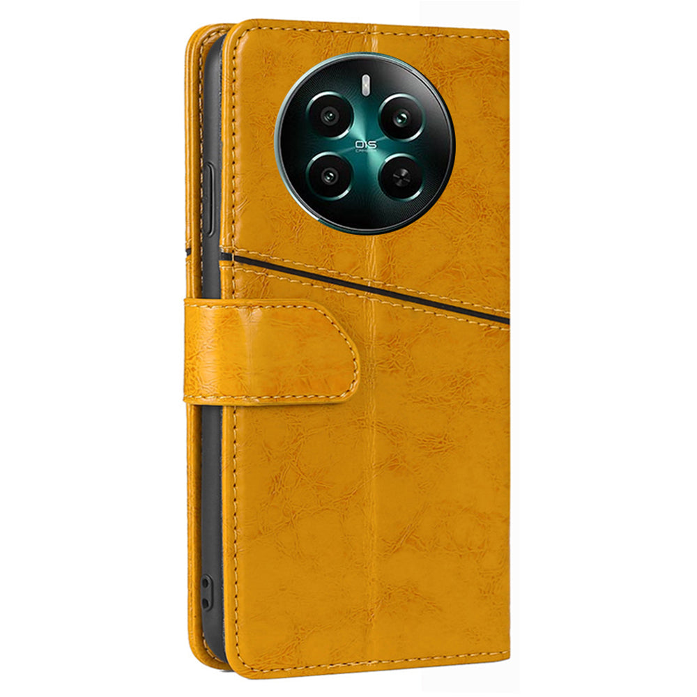 For Realme 12+ 5G Case Magnetic Closing Geometric Splicing Phone Stand Cover - Yellow