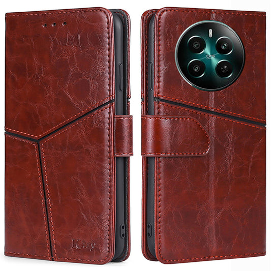 For Realme 12+ 5G Case Magnetic Closing Geometric Splicing Phone Stand Cover - Dark Brown